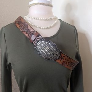 32" Brown Leather Belt Embroidered Design with Rhinestone buckle